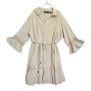 Mlle Gabrielle Beige Linen-Blend Shirt Dress Crochet Trim & Tassel Belt Size L